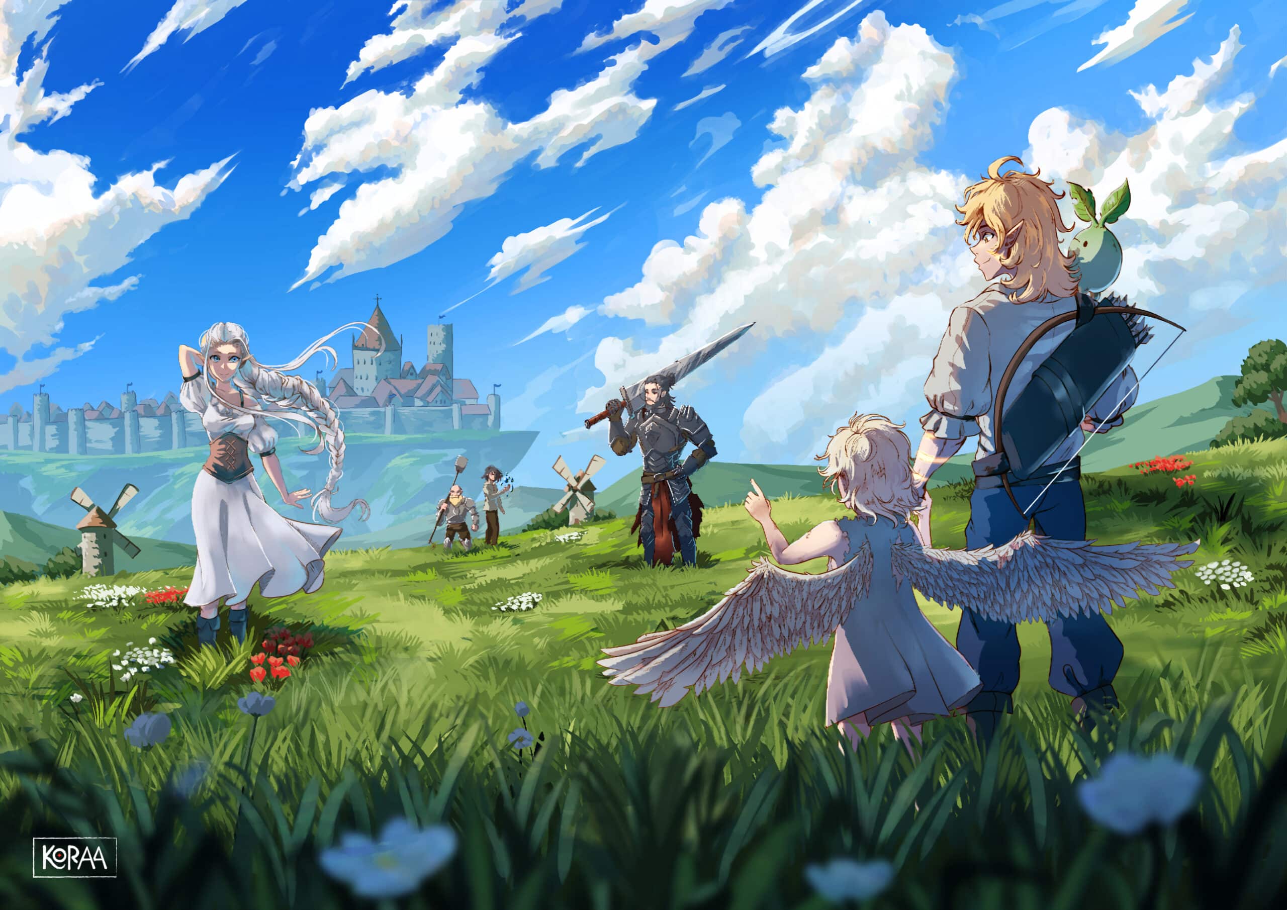 Illustration de cinq personnages dans un décor détaillé, afin de travailler l'ambiance et la cohérence sur la colorimétrie