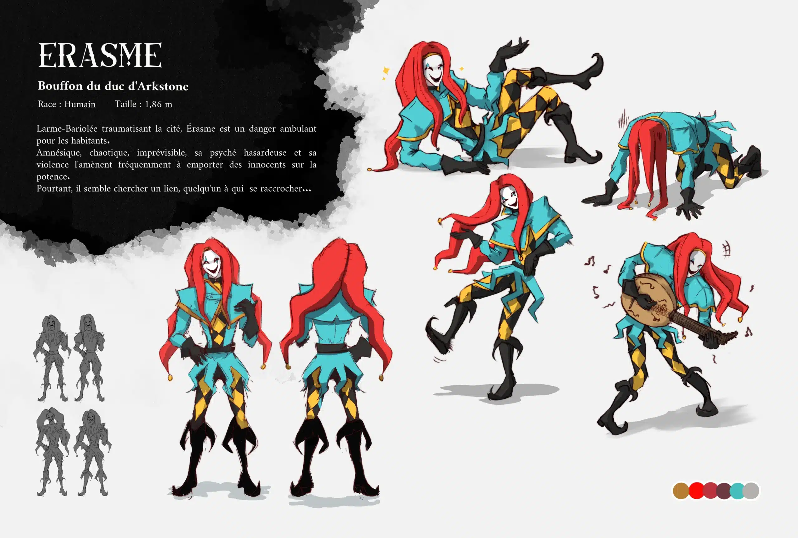 Recherches de charadesigns (expérimentations réalisées en amont) et tests du charadesign sur des poses dynamiques