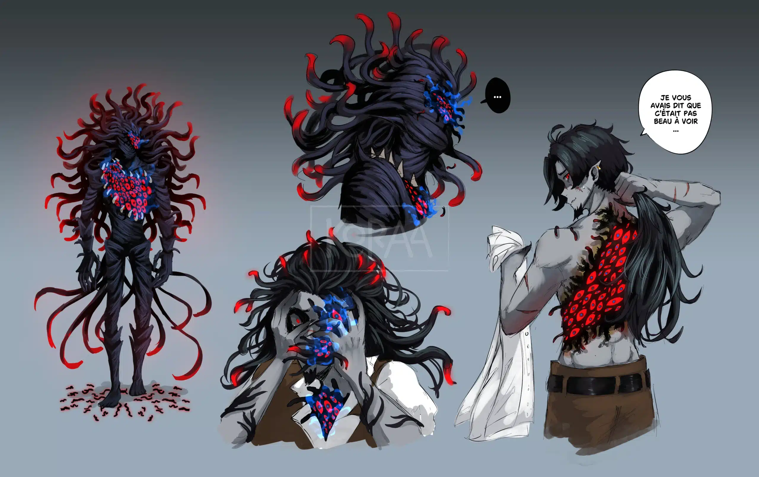 Croquis et définition d'un charadesign d'un personnage original montrant une forme alternative, et la transition d'un état à l'autre